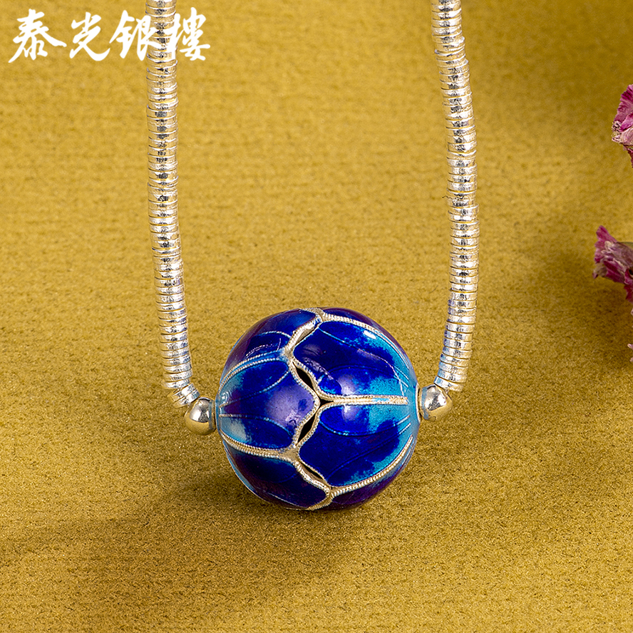 泰光银楼 坠链均925银珐琅 925银珐琅烧蓝单珠碎银套链盘缠锁骨链
