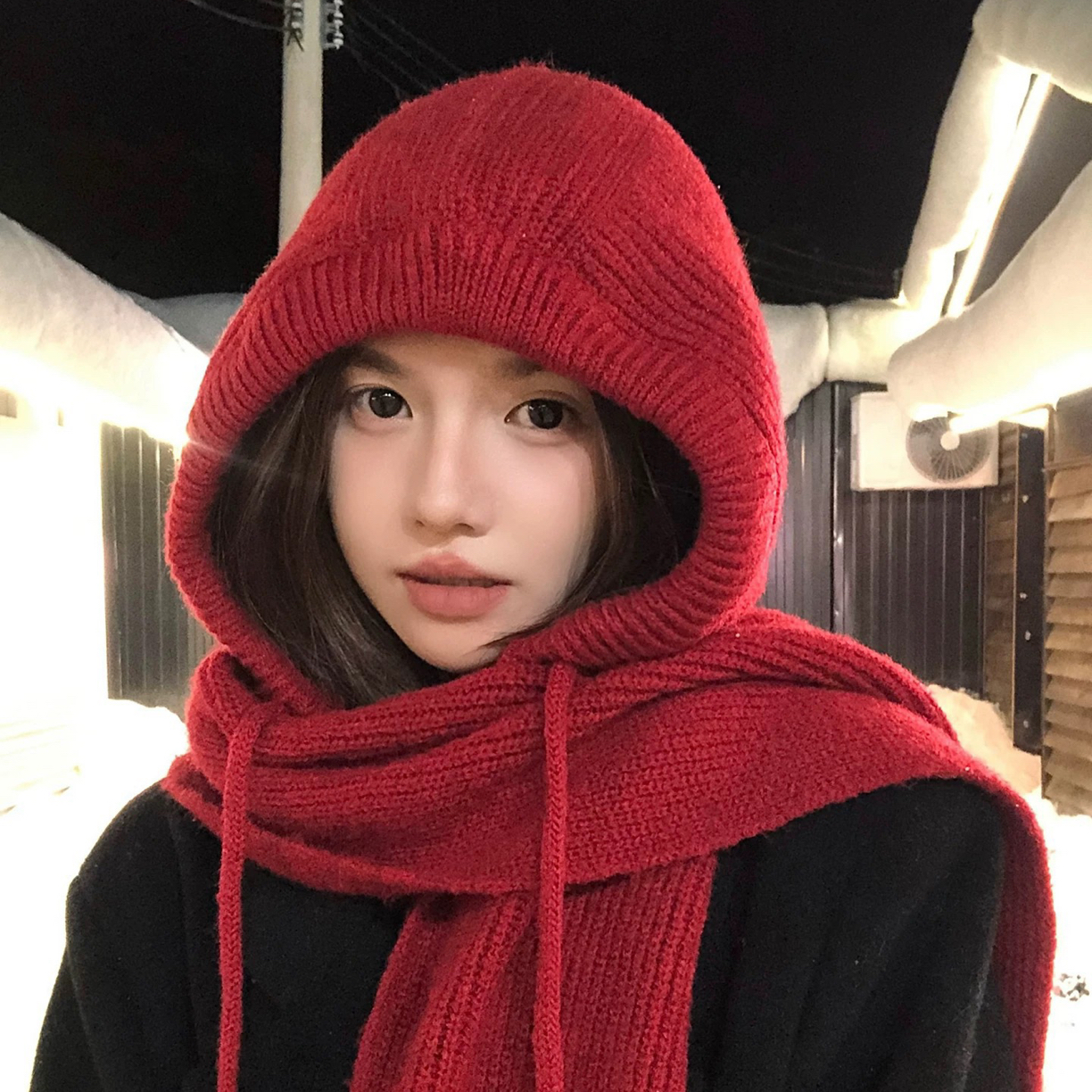 秋冬新款蓝色巴拉克拉法帽女韩版保暖帽子围巾一体针织毛线包头帽