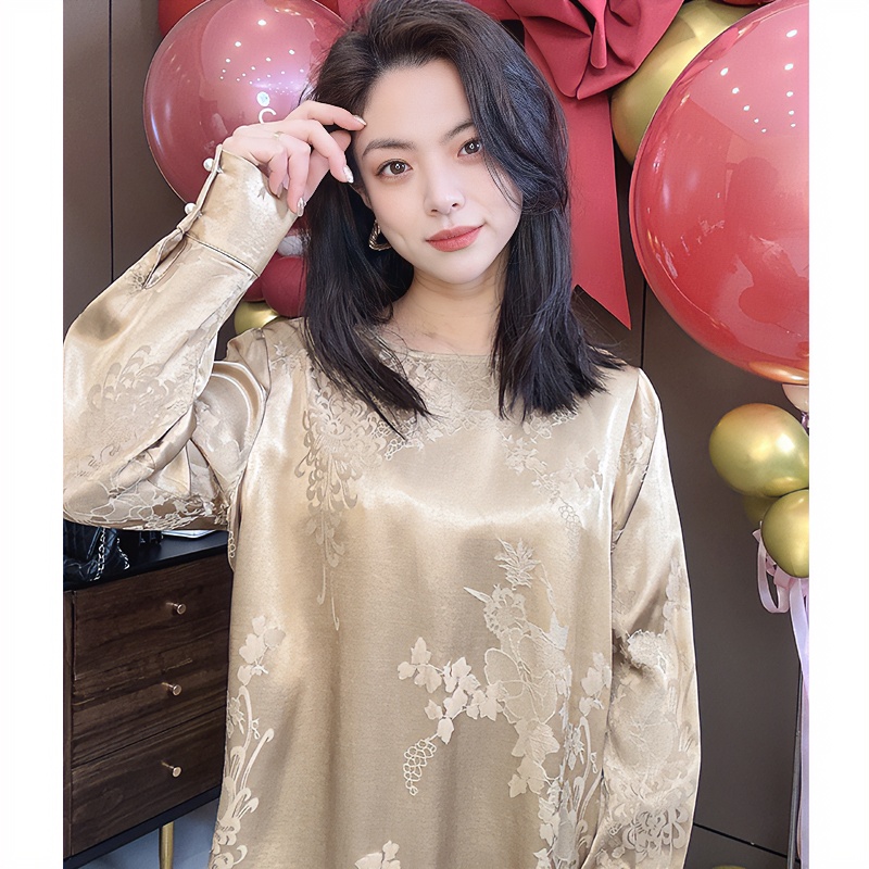 【美美新中式】【奢光鸢尾】气质优雅长袖新中式提花上衣垂感小衫7328
