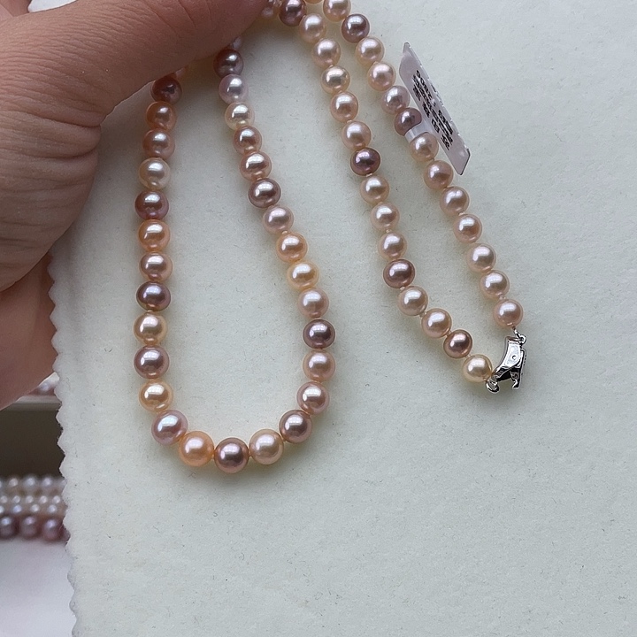 淡水珍珠颈饰银S925镶嵌卡6到7高品极光糖果色