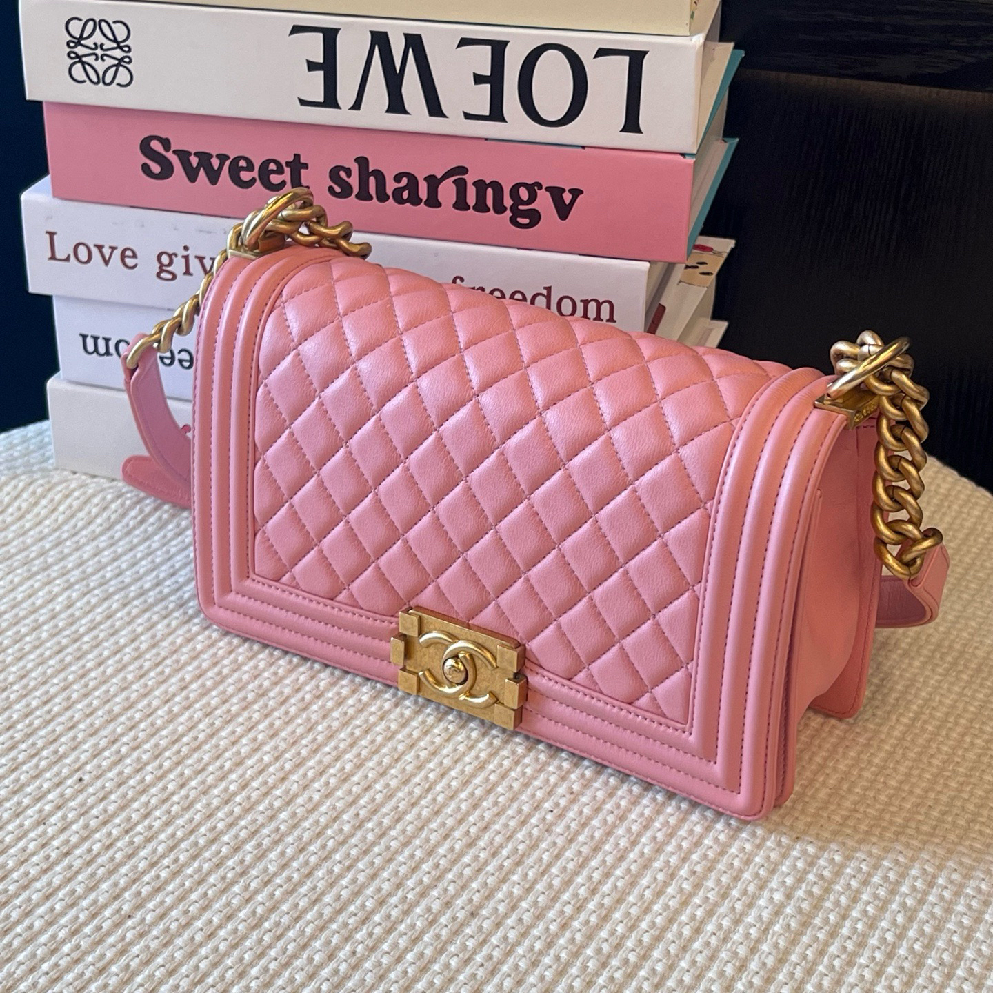 99新 Chanel/香奈儿 粉色金扣leboy中号单肩斜挎包 27开