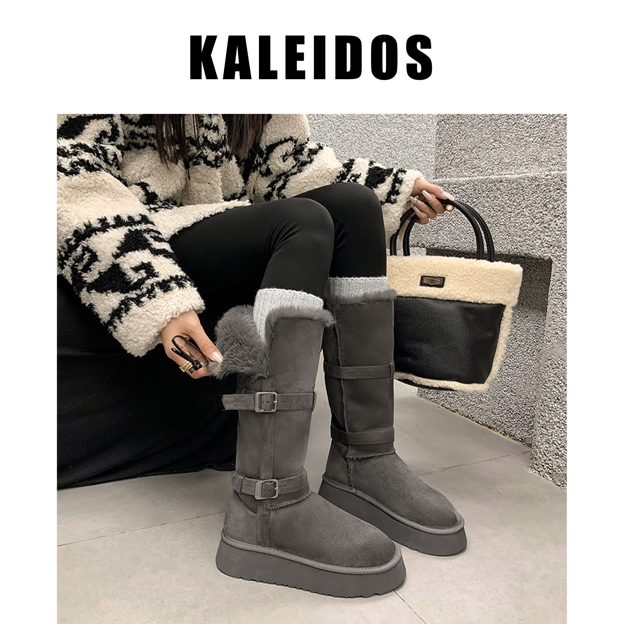 KALEIDOS高帮厚底保暖时尚百搭长毛绒舒适雪地靴4cm