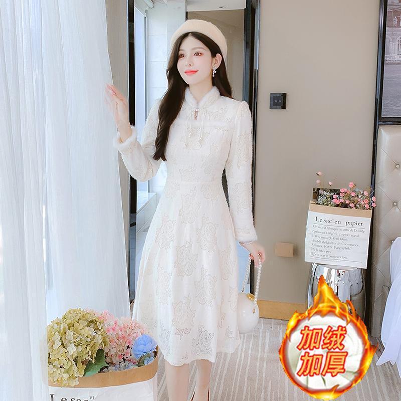 冬季国风加绒加厚打底蕾丝连衣裙森系仙女年轻款新中式改良旗袍裙