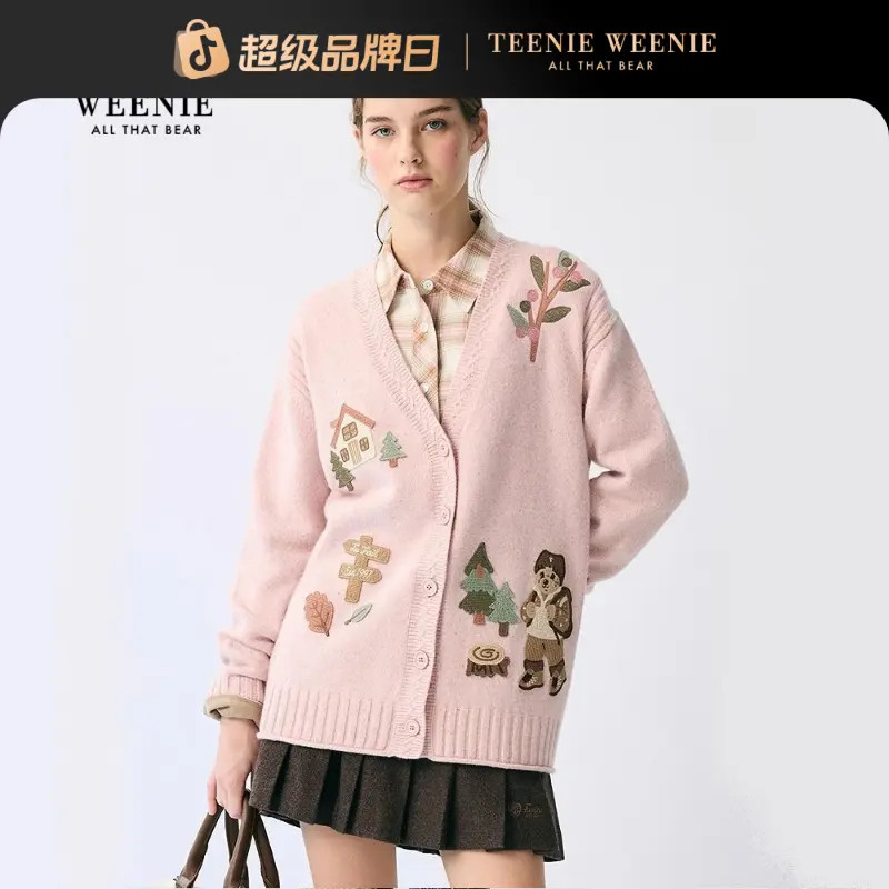 TeenieWeenie小熊女装毛针织衫25秋新休闲重工V领开衫TTCK254TC5B