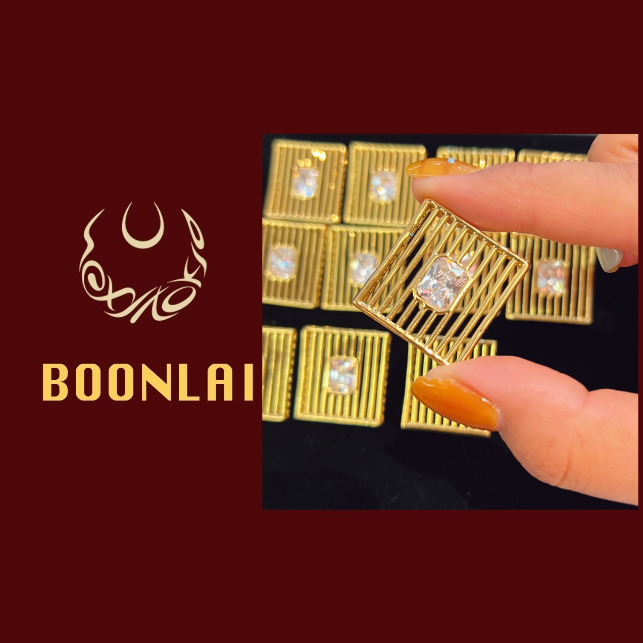 铜合金锆石耳饰 Boonlai金属方形镂空栅镶钻耳环1333