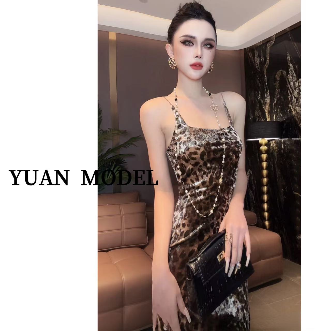 YUAN MODEL/媛老板-时尚长款吊带豹纹连衣裙贵妇气质女装 082946