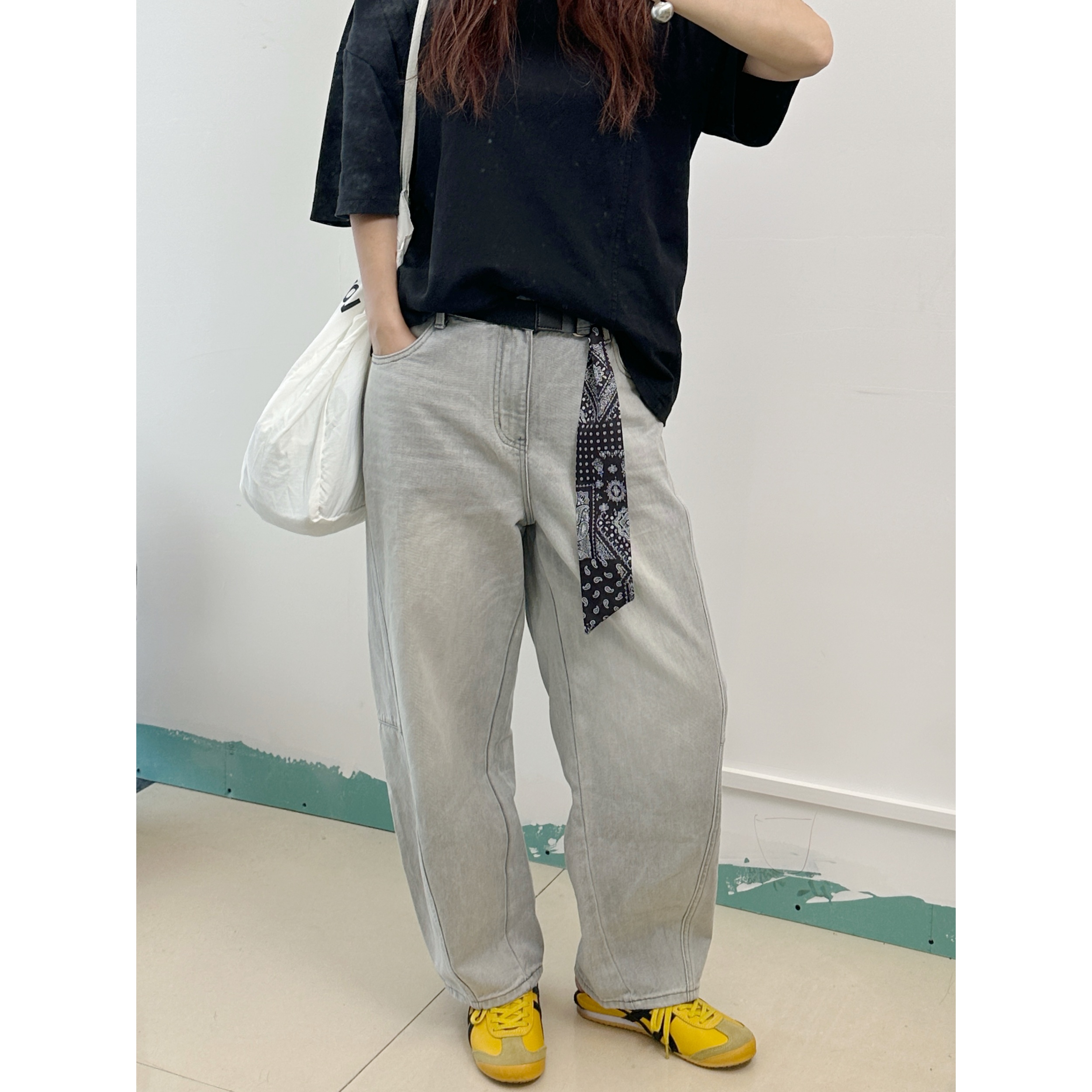美式复古灰色洗水做旧小弯刀裤宽松牛仔裤011