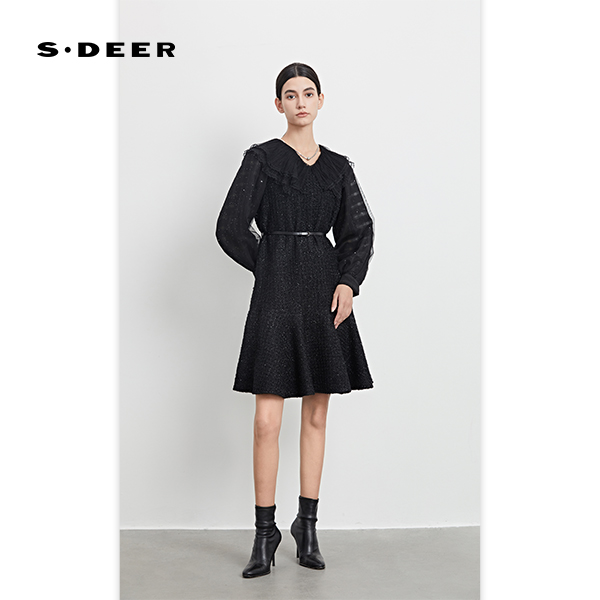 sdeer圣迪奥女装V领荷叶边收腰网纱毛呢连衣裙S233Z12T1