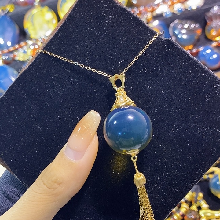 蓝珀银S925镶嵌珠宝奇石墨西哥蓝珀吊坠20