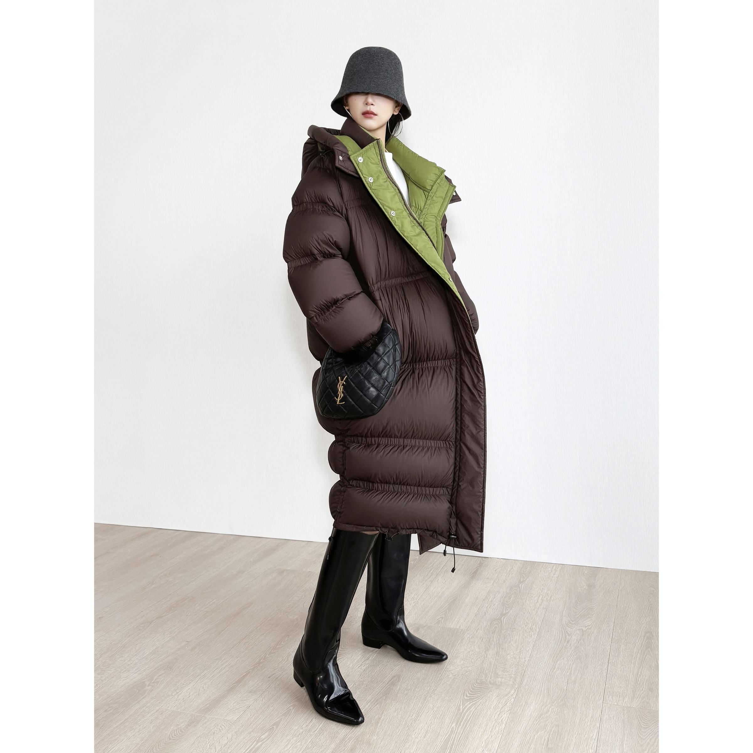 NancyCavally专柜款高蓬松95白鹅绒 大棉被撞色毛毛虫长款羽绒服