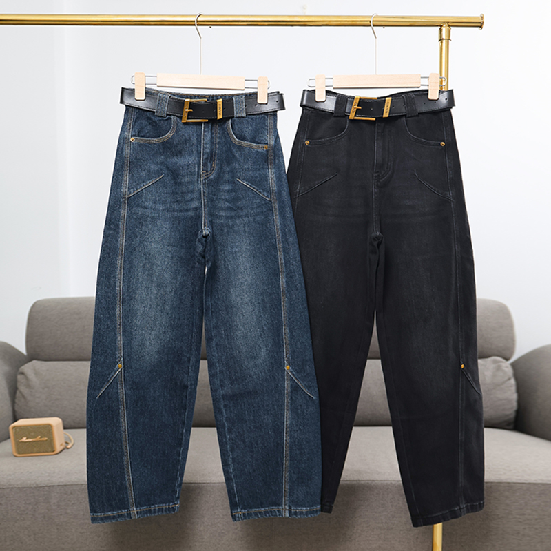 时尚加厚不加绒柳钉弯刀牛仔裤女百搭显瘦阔腿裤