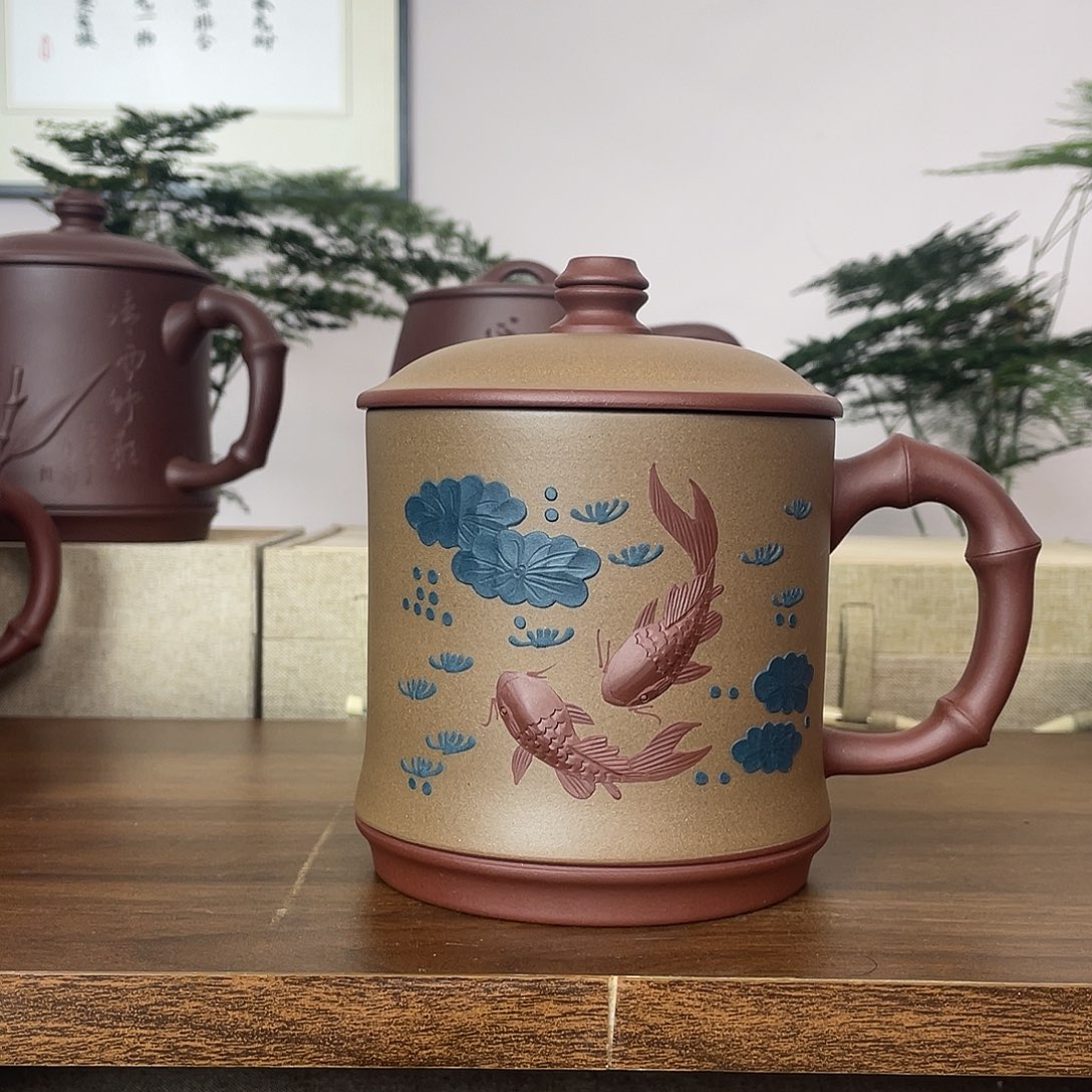 茶杯紫砂粉浆双鱼杯500cc