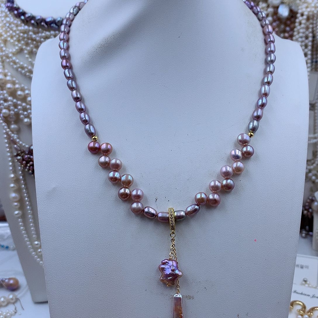 项链银S925镶嵌淡水珍珠