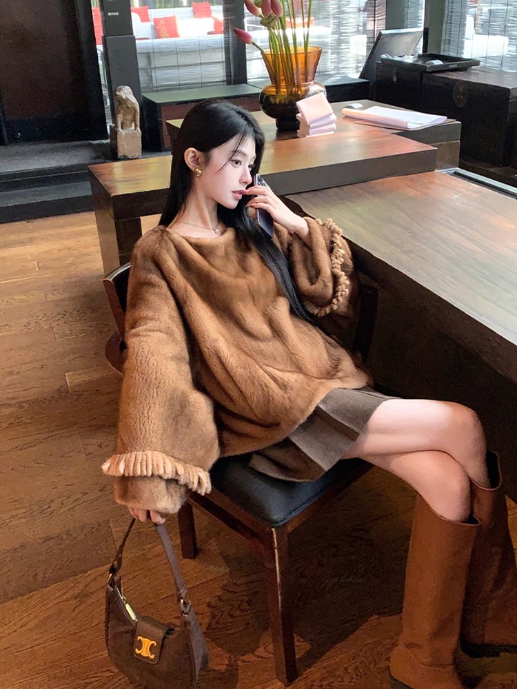 淇淇家 冬日特调 进口天鹅绒水貂皮草女整貂套头貂皮大衣圆领外套