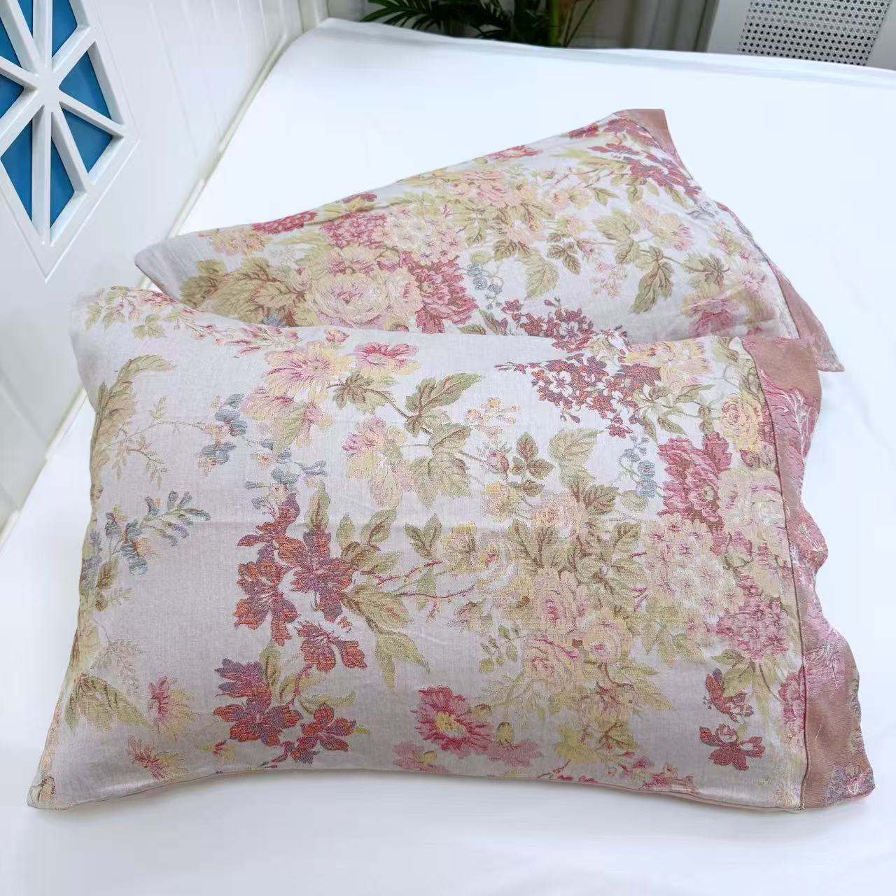 枕套【落霞秋水 粉色】48x74厘米 高端轻奢棉麻成人四季枕套一对