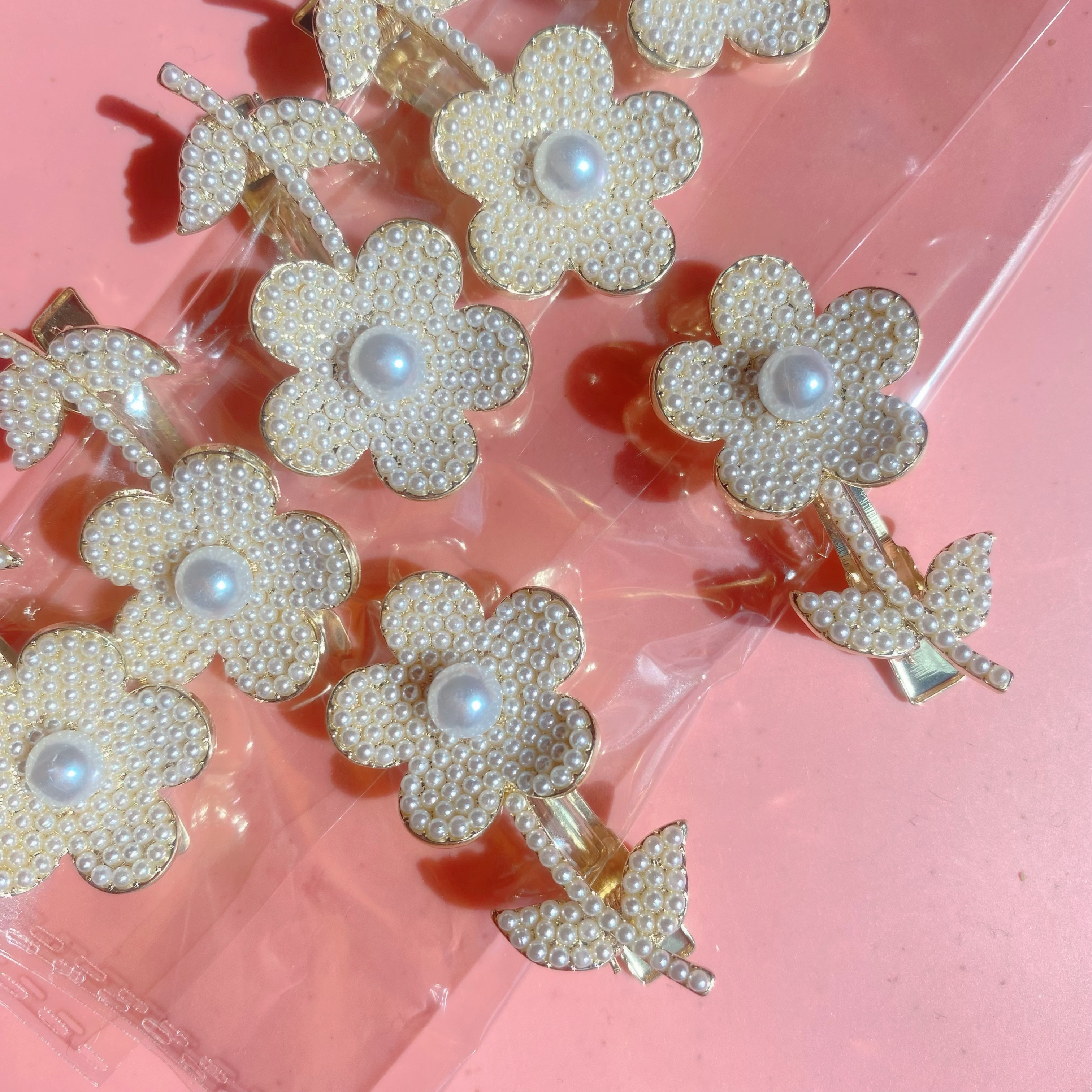 思美家饰品珍珠小花朵一字夹 鸭嘴夹 边夹 工厂清货 满9.9飞