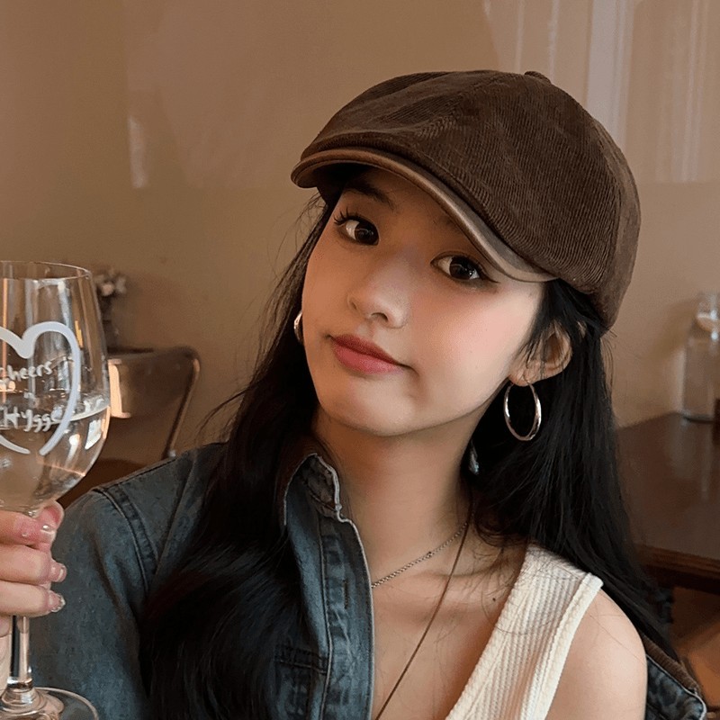 秋冬日系季时尚百搭显脸小鸭舌帽贝雷八角帽韩版灯芯绒前进帽复古