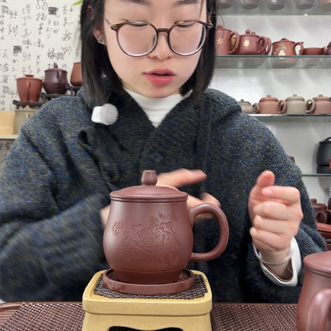紫砂茶杯宜兴紫砂无礼盒国色牡丹四件套