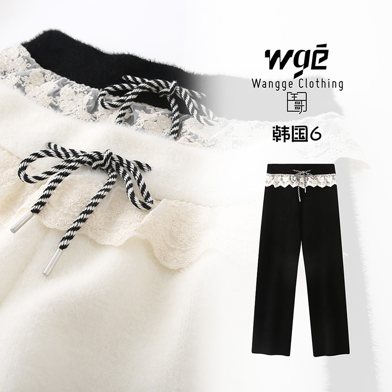 【王哥精选】拼接花边韩系休闲裤秋冬百搭松紧腰直筒裤-韩国六号