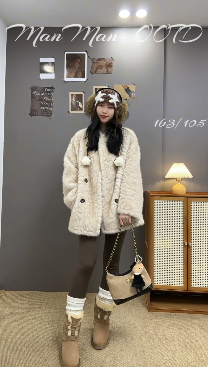 INS风女双排扣实穿主义极简风短款长袖两面穿毛毛外套