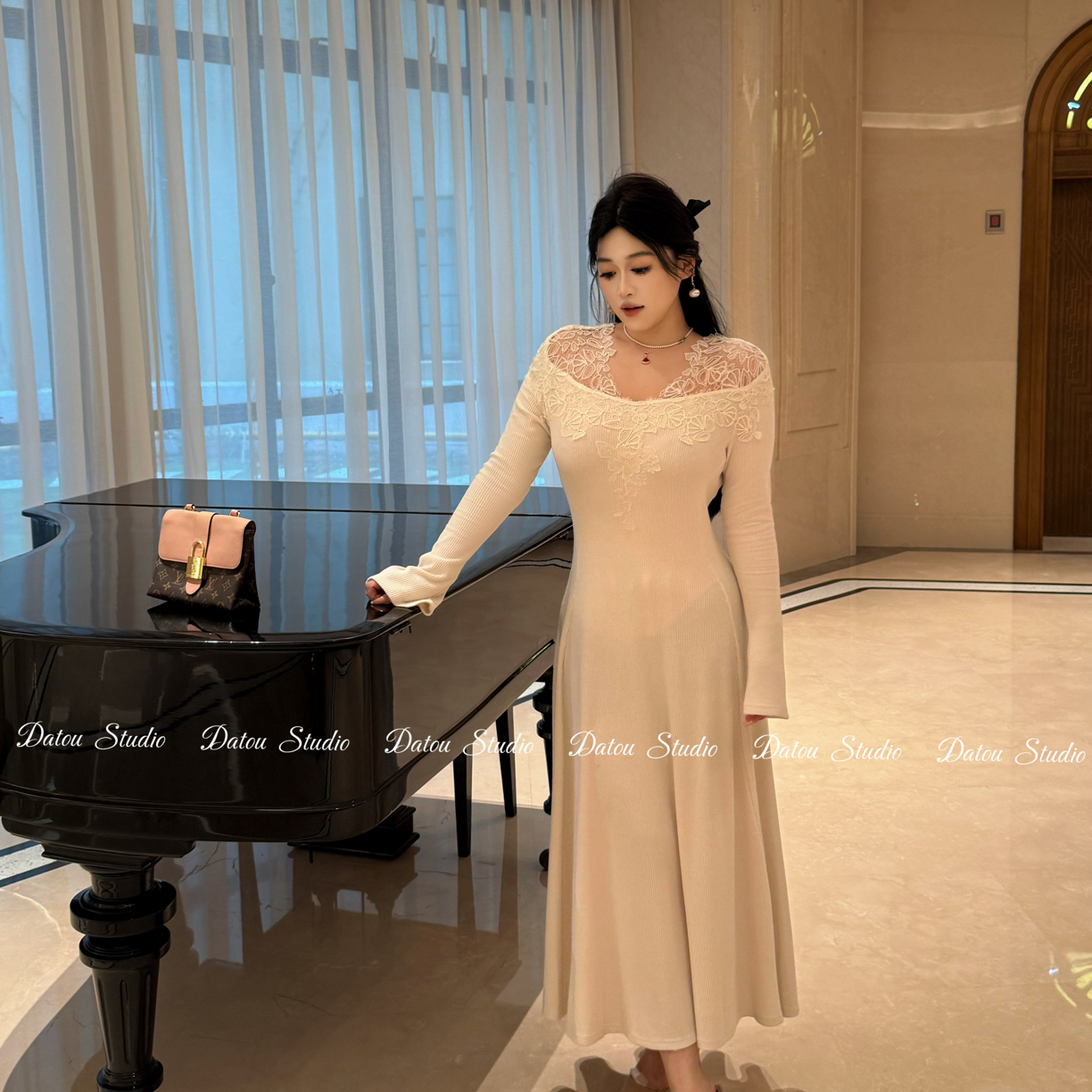 DATOO【知雪】微胖大码绝美日常气质秋冬纯色显瘦打底针织连衣裙女