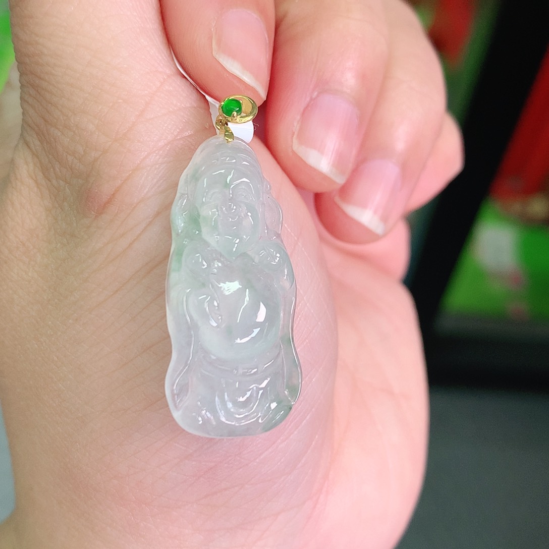 翡翠颈饰18K金镶嵌冰飘绿财神爷