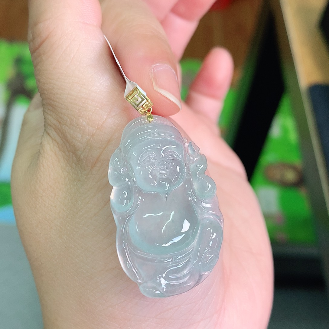 翡翠颈饰18K金镶嵌高冰晴财神爷