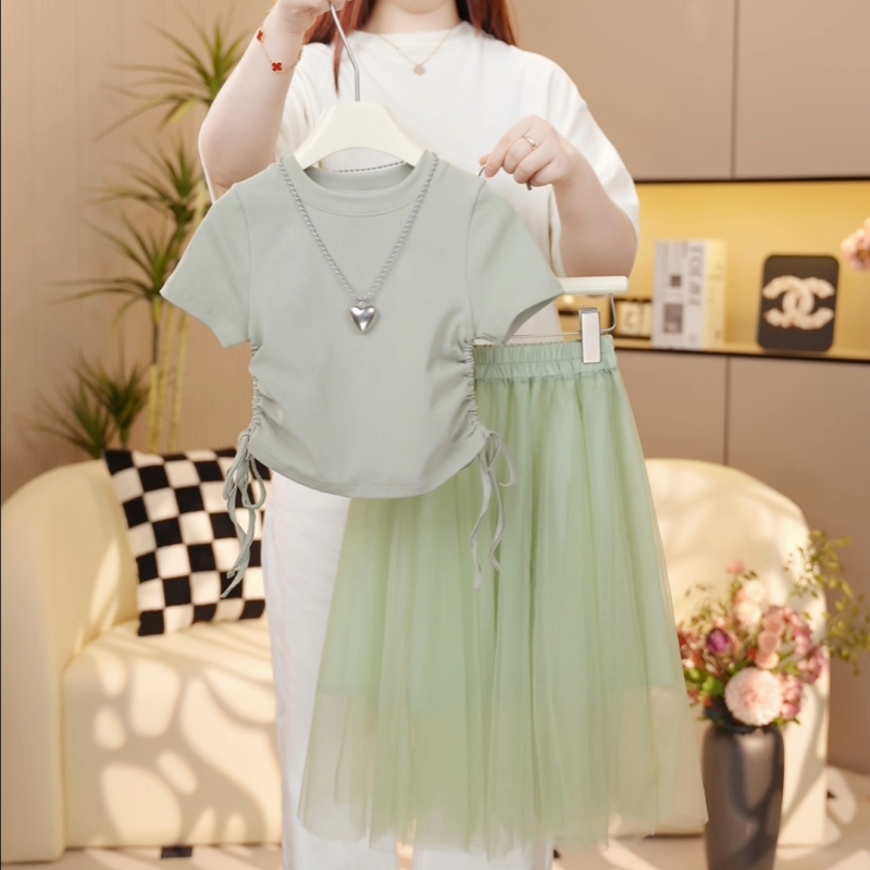 【糖宝魔豆】女童套装夏季新款洋气半身裙薄款女孩夏装百搭时尚短袖