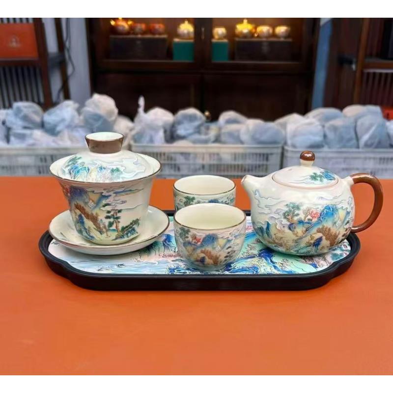 ZH3468-汝窑世外桃源山水盖碗+山水西施壶+山水客杯*2+山水茶盘