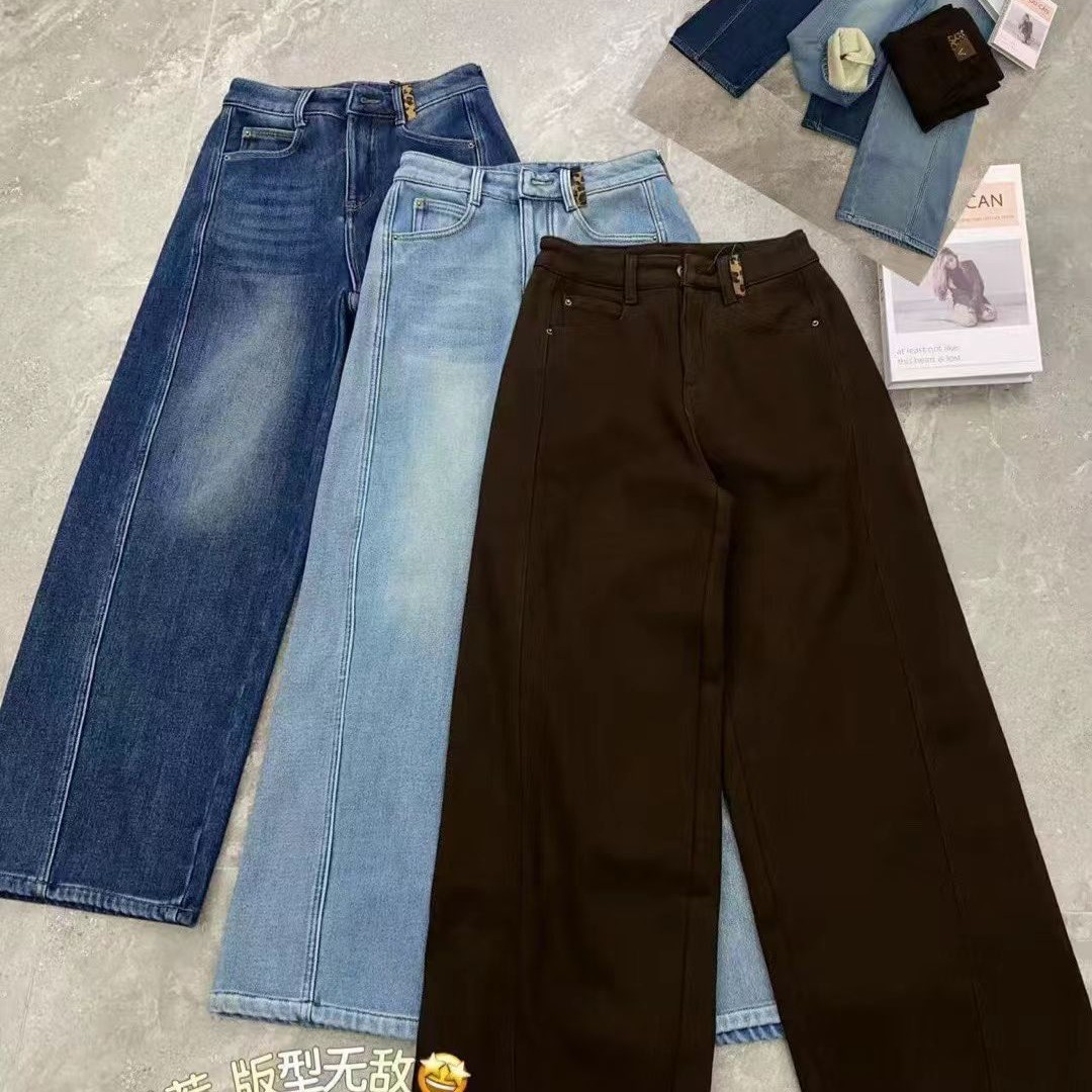 秋冬加绒高腰显瘦阔腿牛仔裤女百搭显高