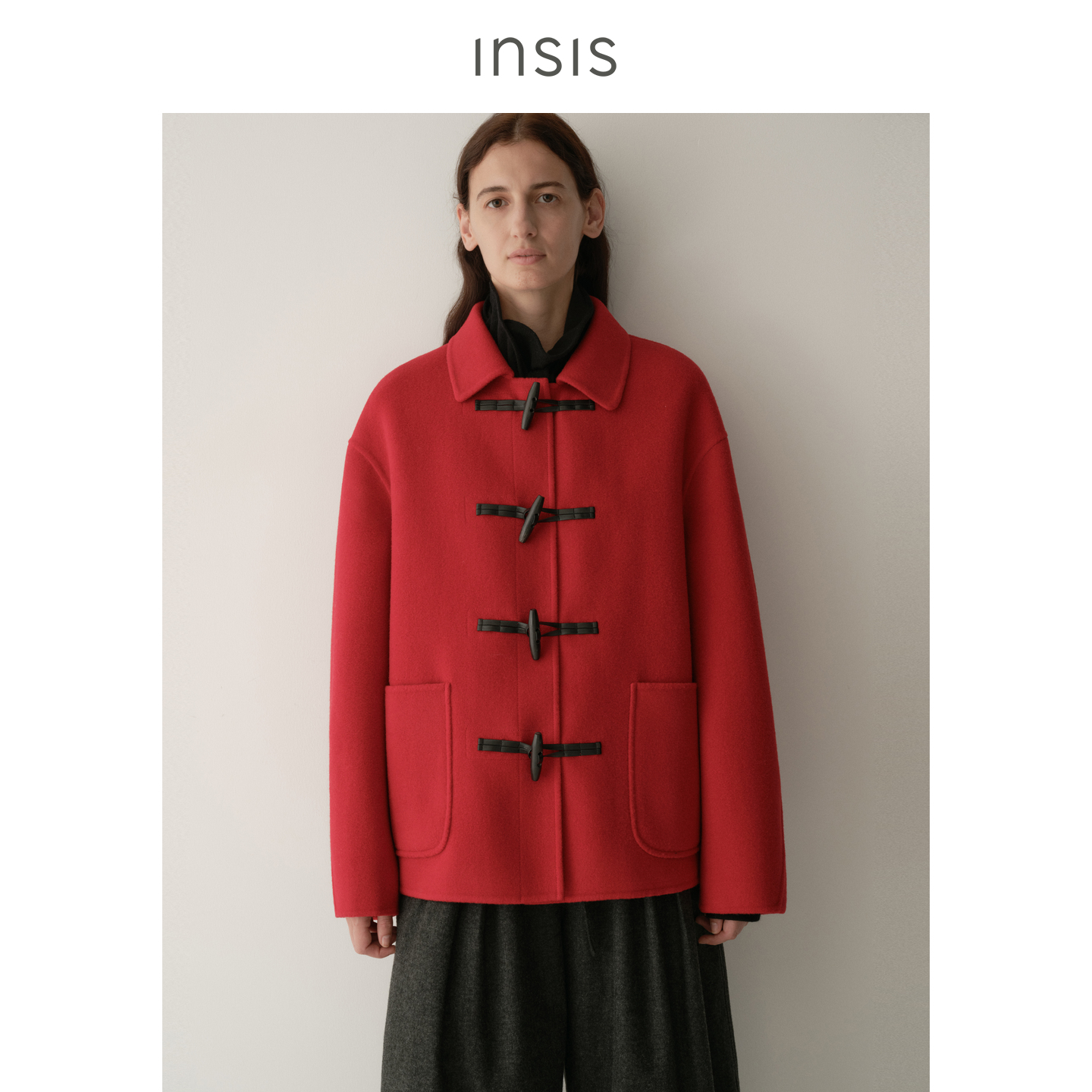 INSISFEMME羊毛羊绒2025冬简约文艺真皮撞色牛角扣学院风外套女