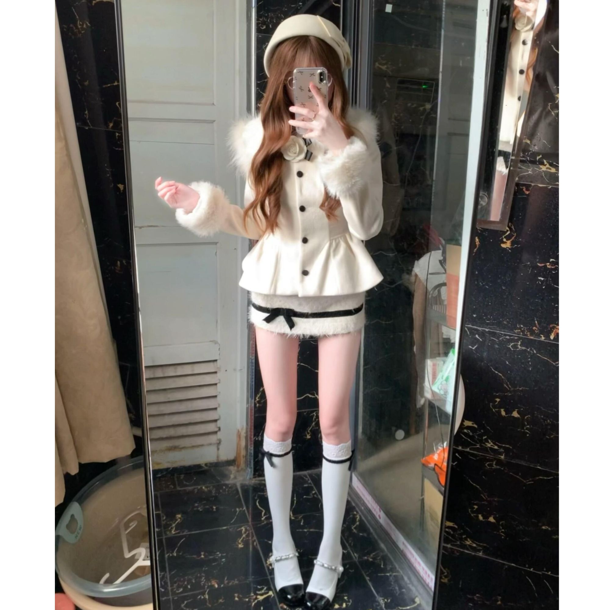 【小美】大码女装千金气质收腰毛呢外套毛毛半裙小香名媛套装13841