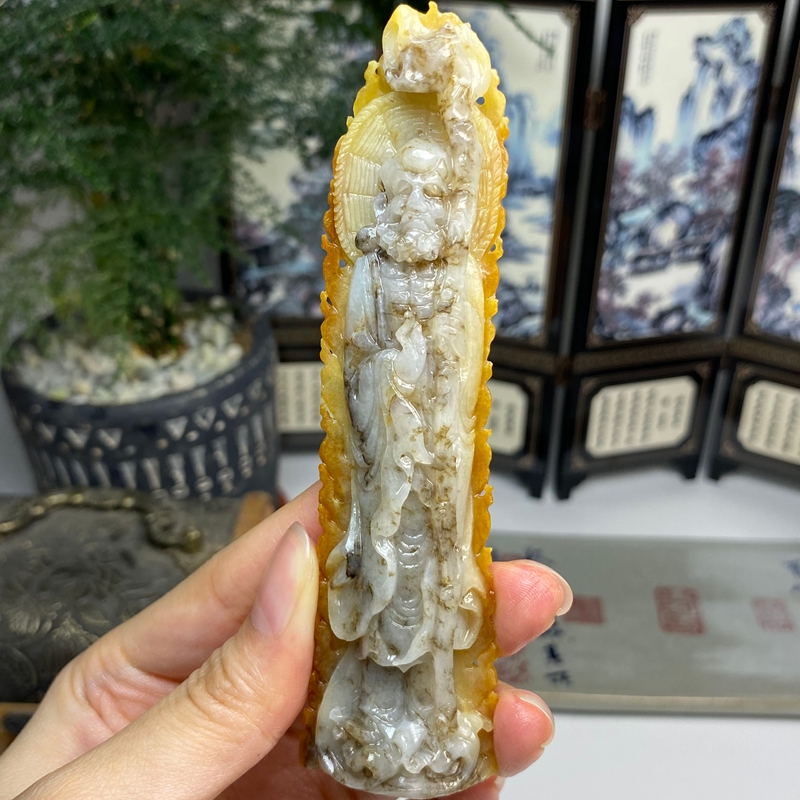 毛货 俏色黄翡飘乌鸡达摩摆件 天然翡翠A货