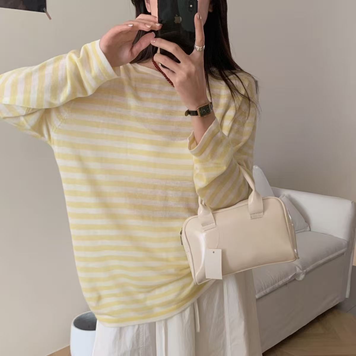 7308#秋季新款圆领长袖宽松女百搭防晒时尚蓝条纹拼色打底上衣女