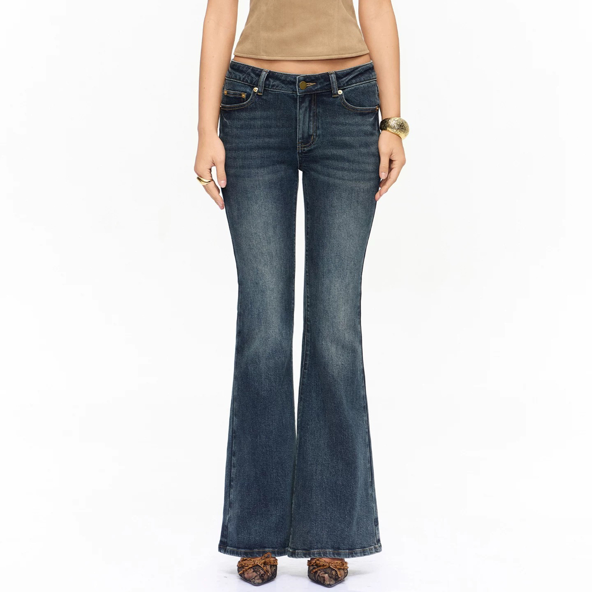 TSOUL【CNLEEWEI】紧身喇叭复古深蓝牛仔裤