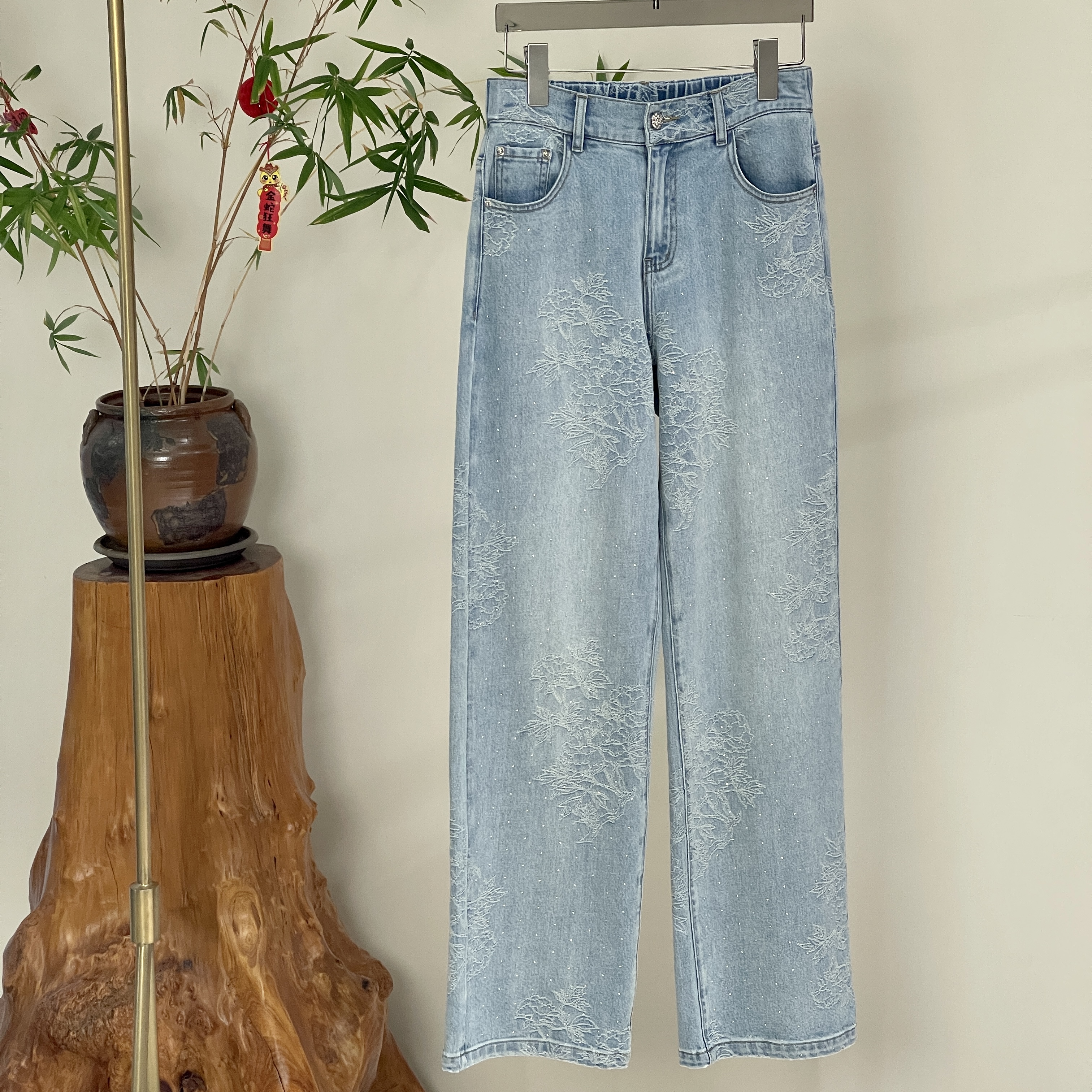 【山茶花2.0】新中式刺绣高腰时尚百搭复古宽松牛仔直筒裤#024