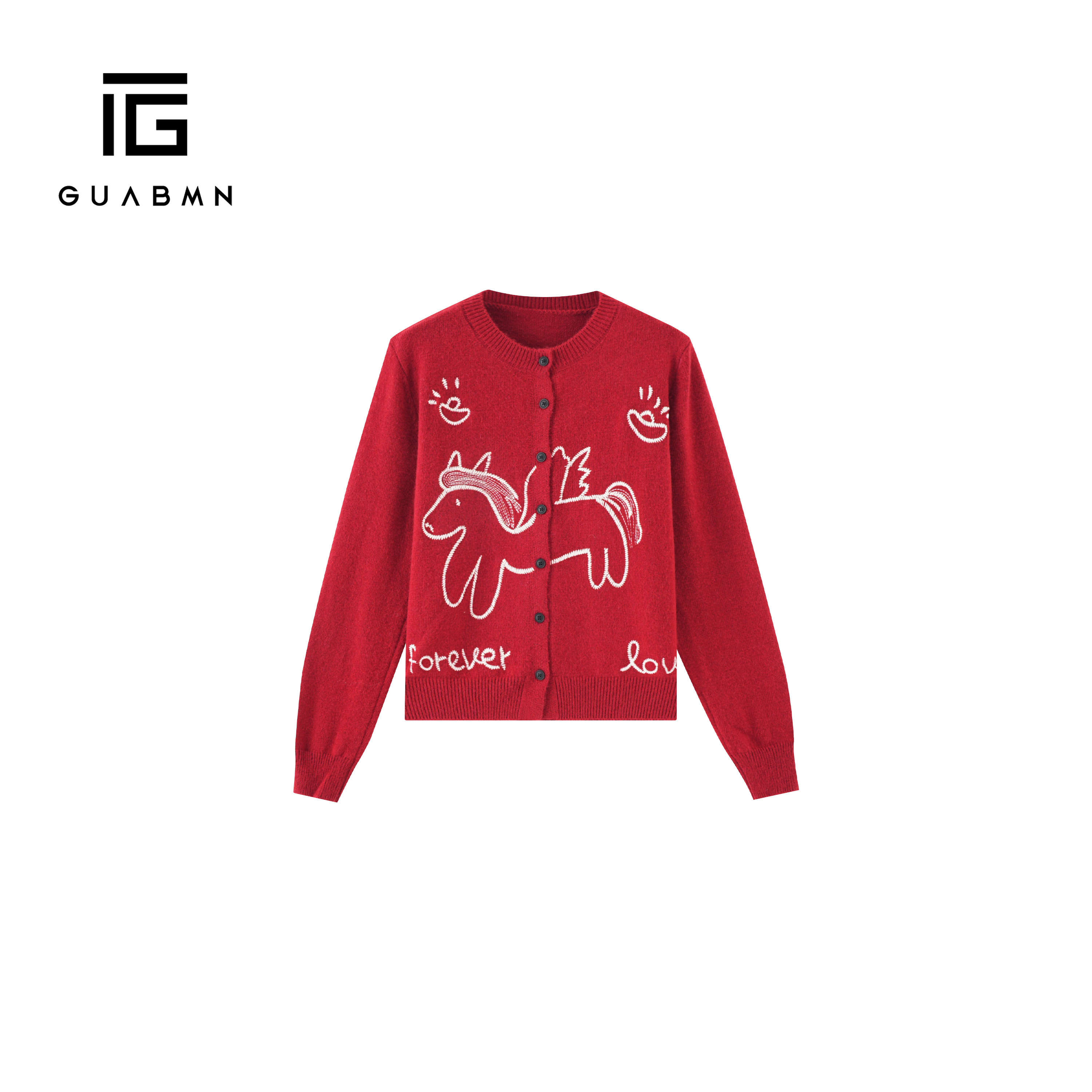 GUABMN2025冬季新款新年红色小马刺绣套头简约针织衫宽松毛衣6073