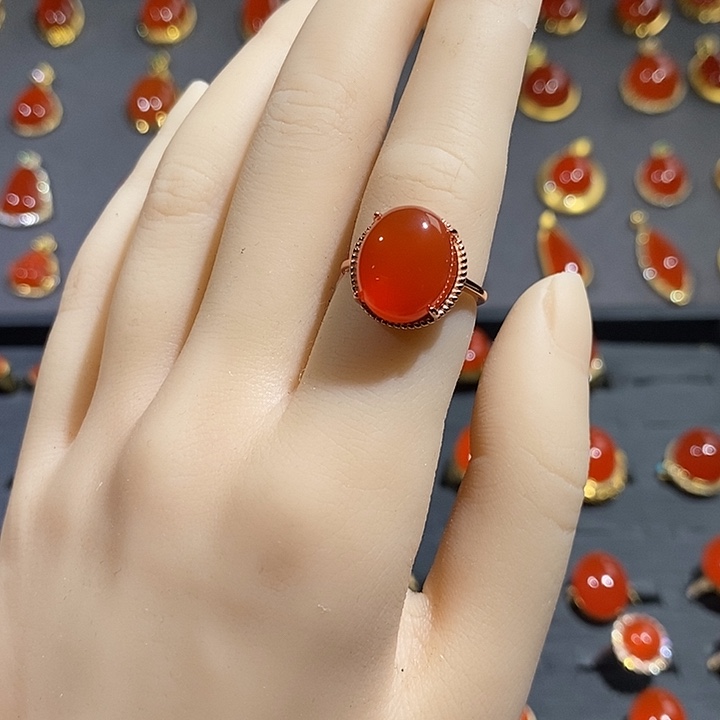 南红玛瑙戒指银S925镶嵌