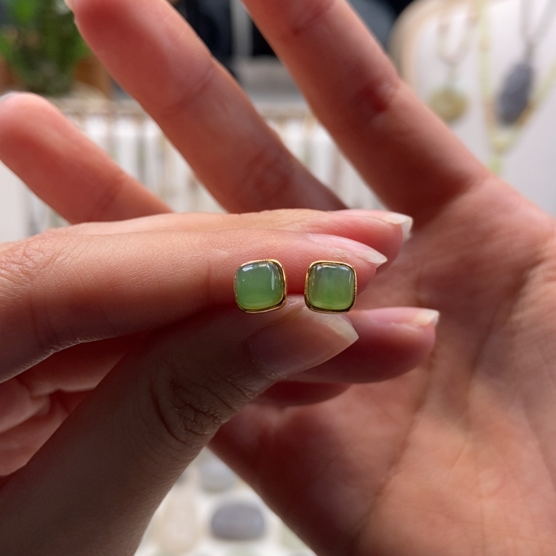 和田玉银S925镀金镶嵌耳饰