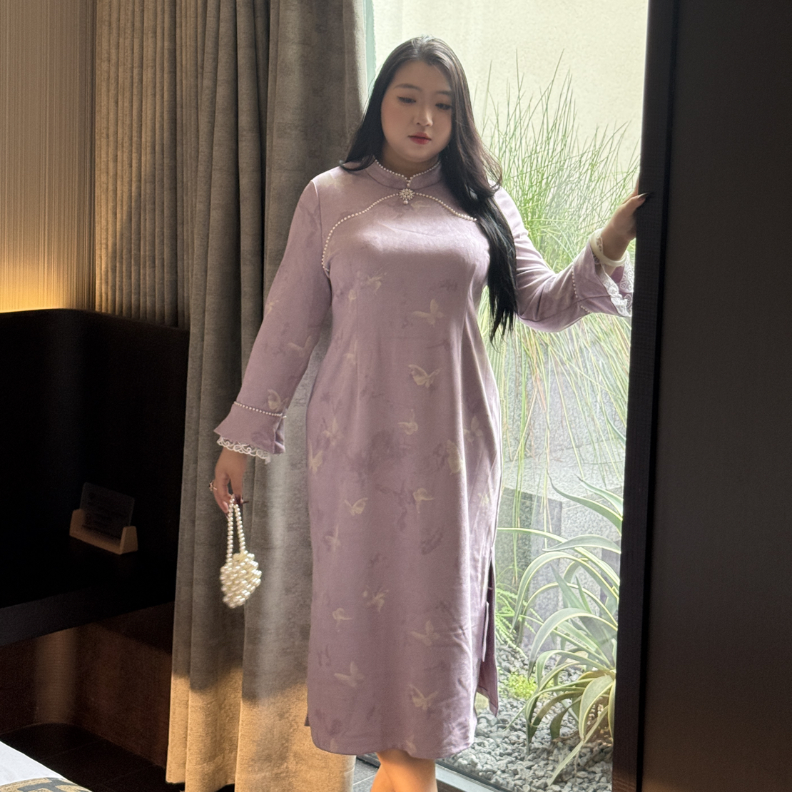 紫色优雅年轻款2025秋冬新款修身显瘦新中式大码旗袍 