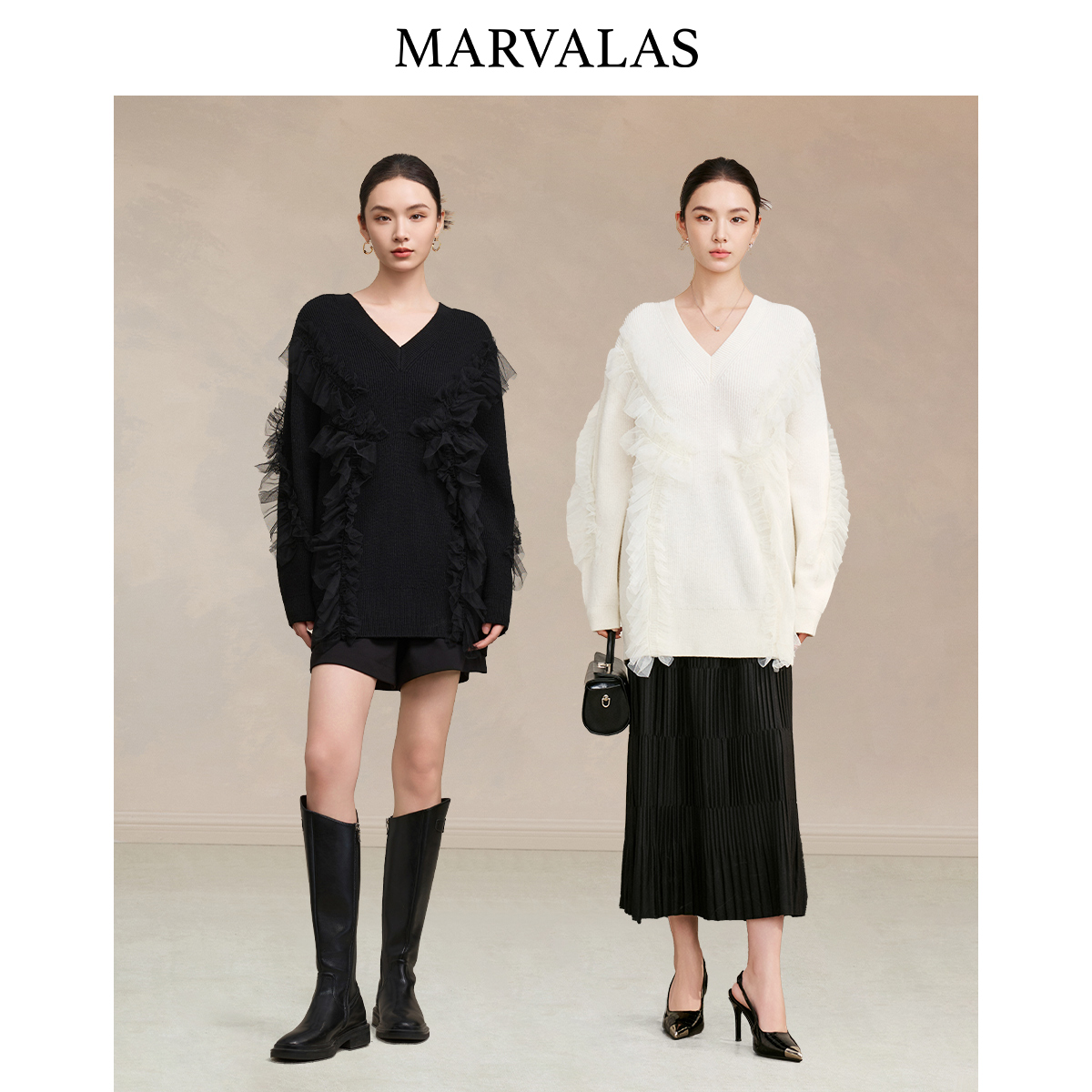 【粉丝专属】套头针织衫秋季新款木耳边拼接设计感上衣宽松慵懒毛衣