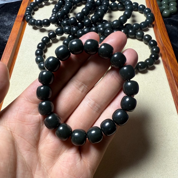 和田玉青海黑青11*12老型珠单圈手串