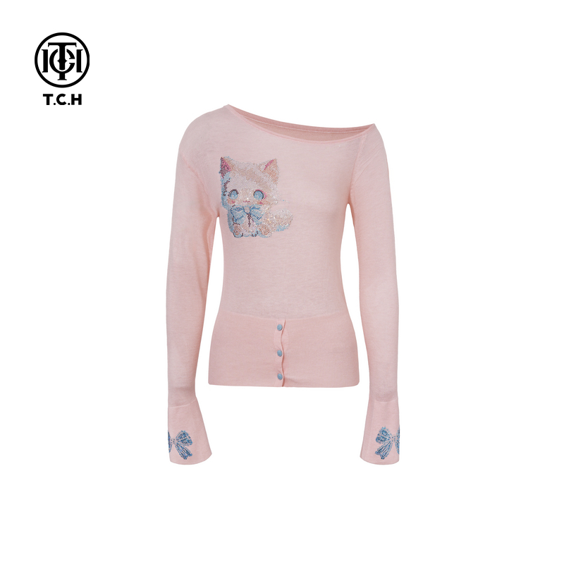 TCH2025春季新款烫钻时尚休闲百搭针织衫T75A09E5120轻奢tch