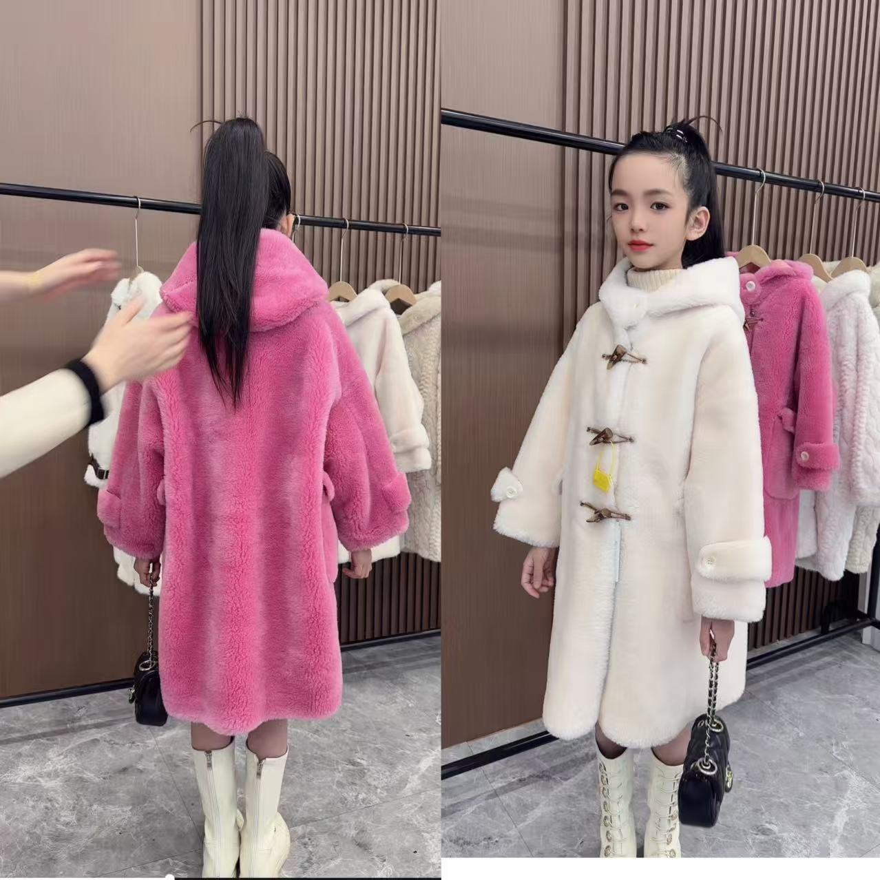 【100%羊毛】2025冬新款男女童韩版牛角扣全羊毛皮草大衣23022