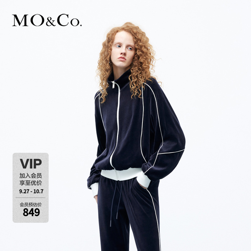 MOCO秋丝绒感撞色白条高领短外套美式复古运动MBC3COTK02