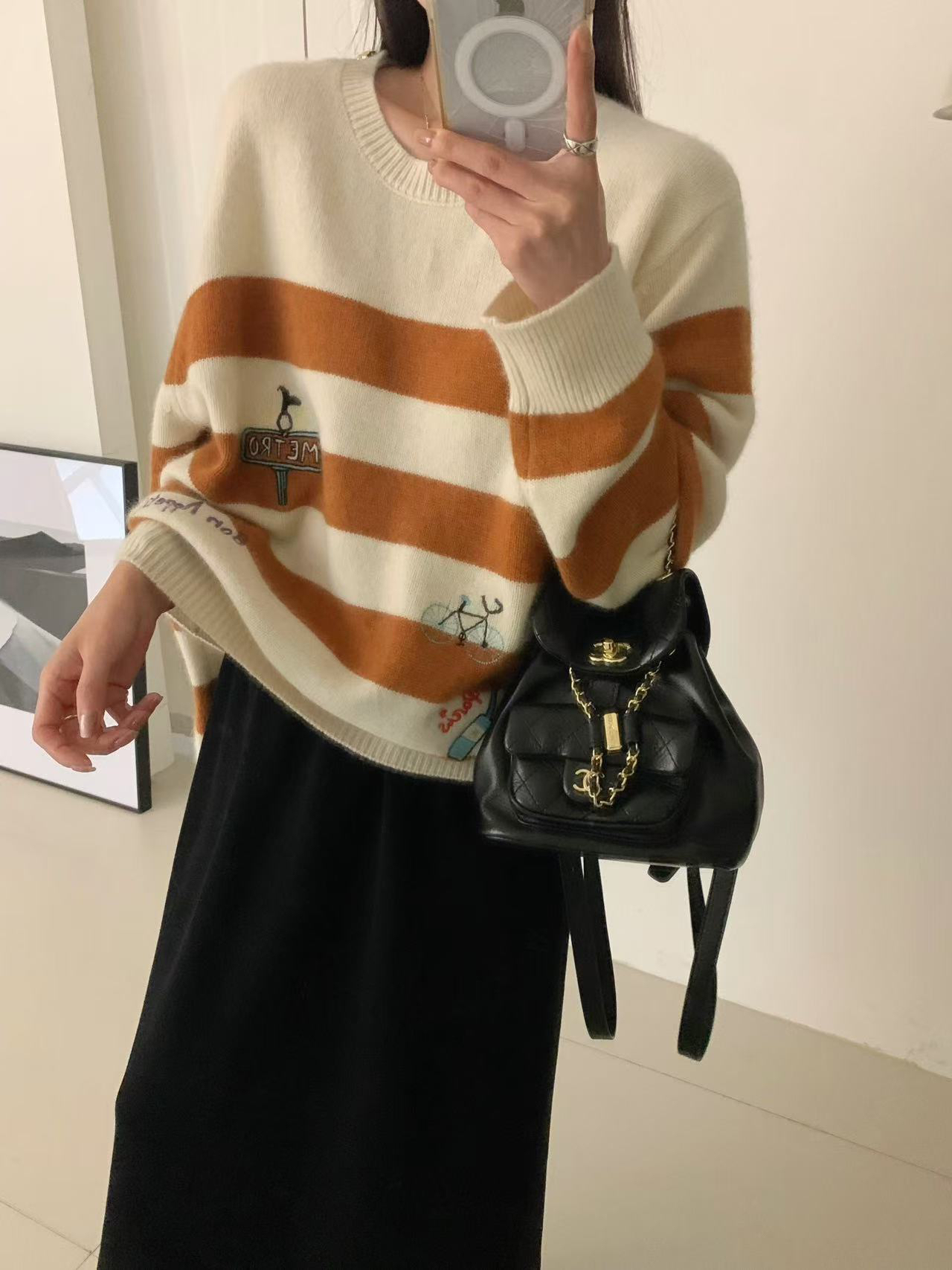 正品欧洲站2024秋冬女装条纹休闲针织衫时尚百搭显瘦7767