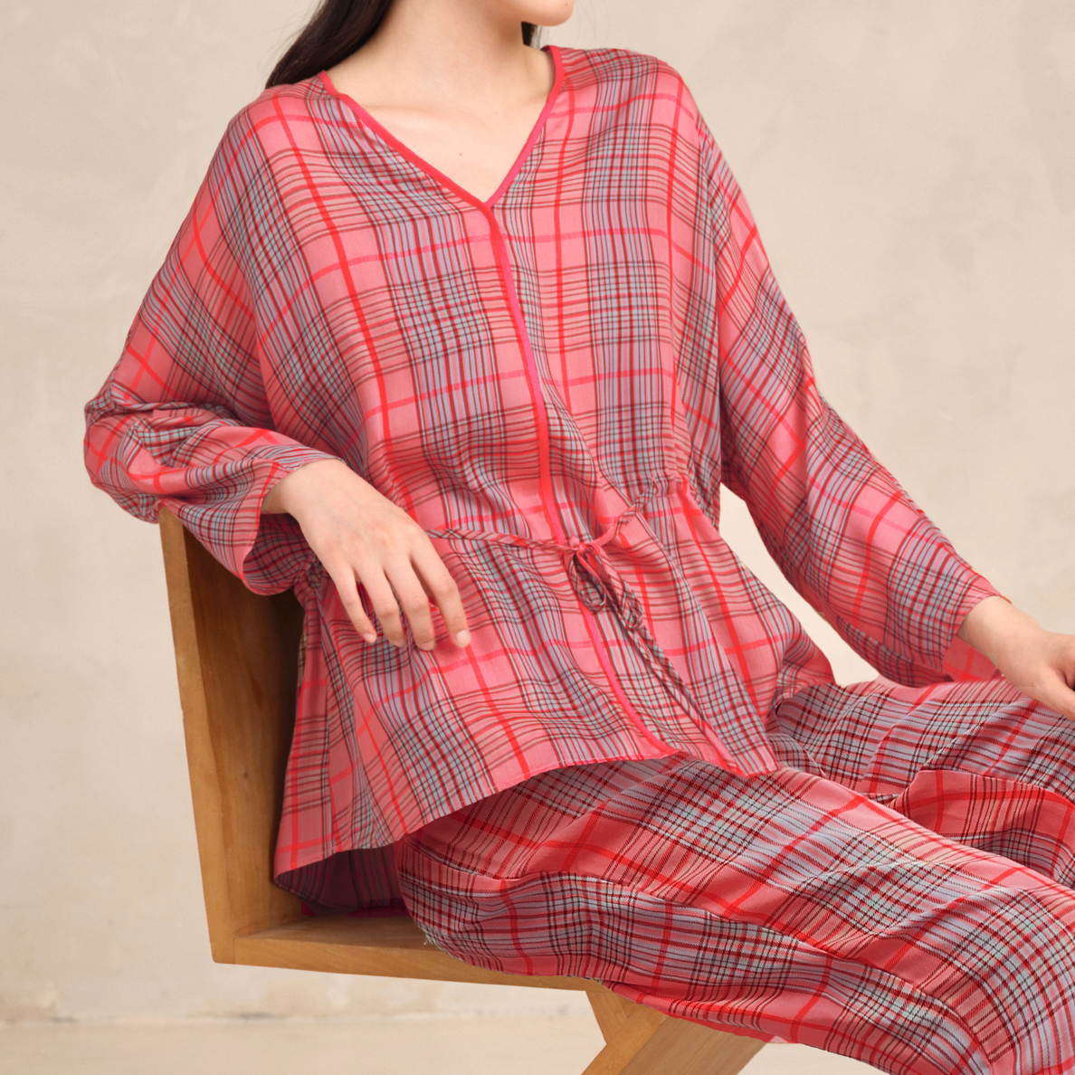 宽画25秋冬新款奇趣格纹对开家居服套装舒适可外穿实用睡衣纯棉