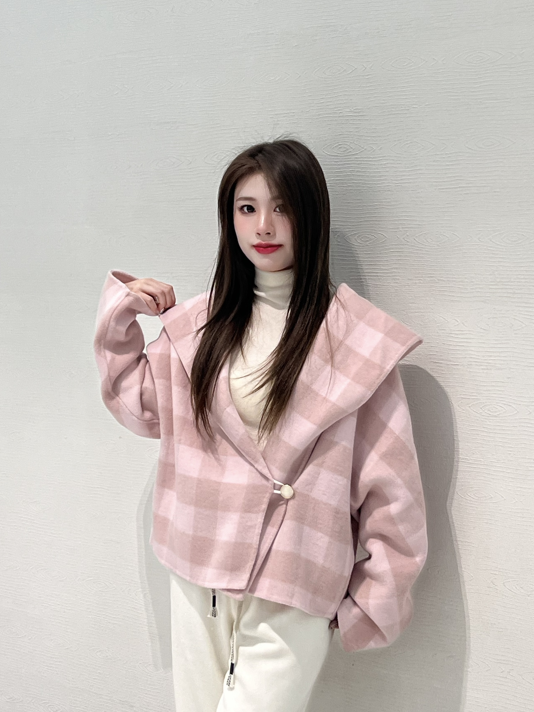 【YSF】短款千鸟格薄款厚款百搭毛呢外套圆领格子连帽短外套R8863