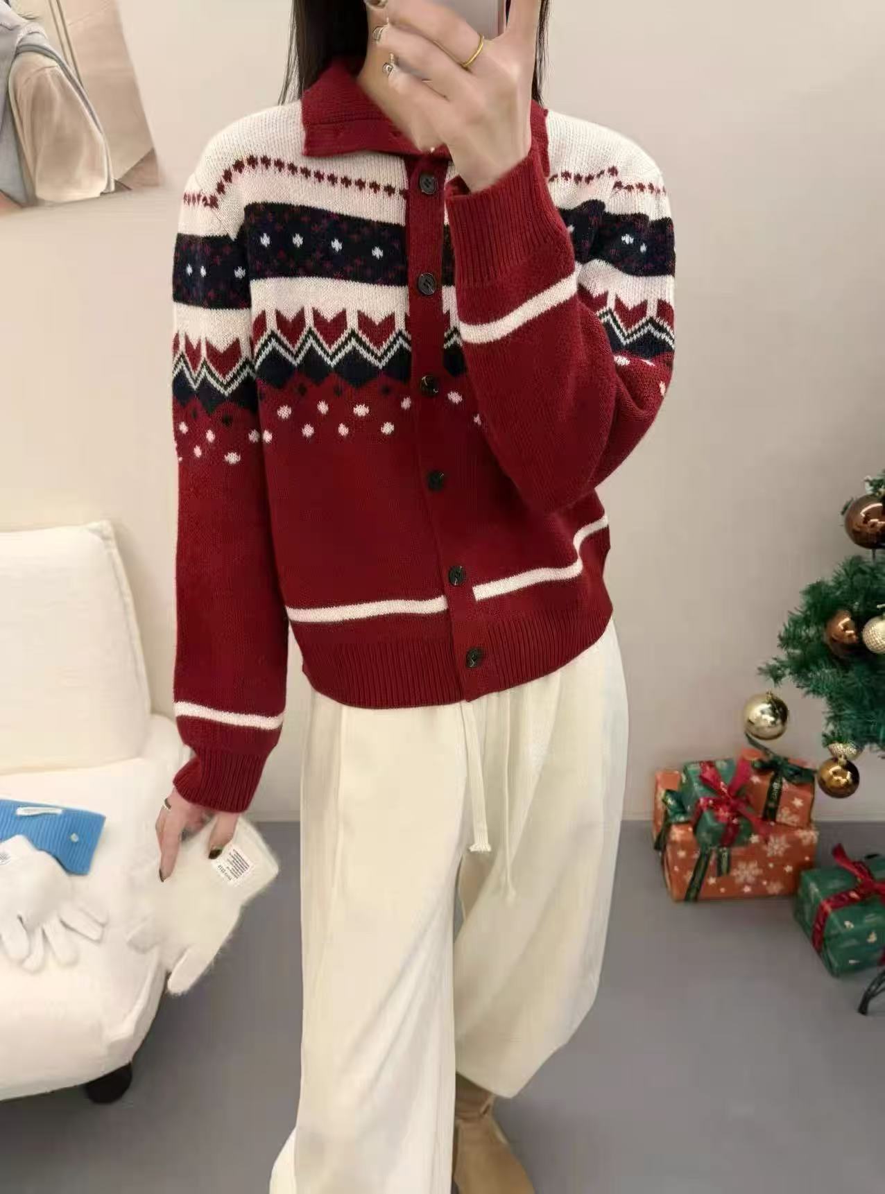 提花常规款休闲风针织高领女毛衣红色条纹开衫时尚