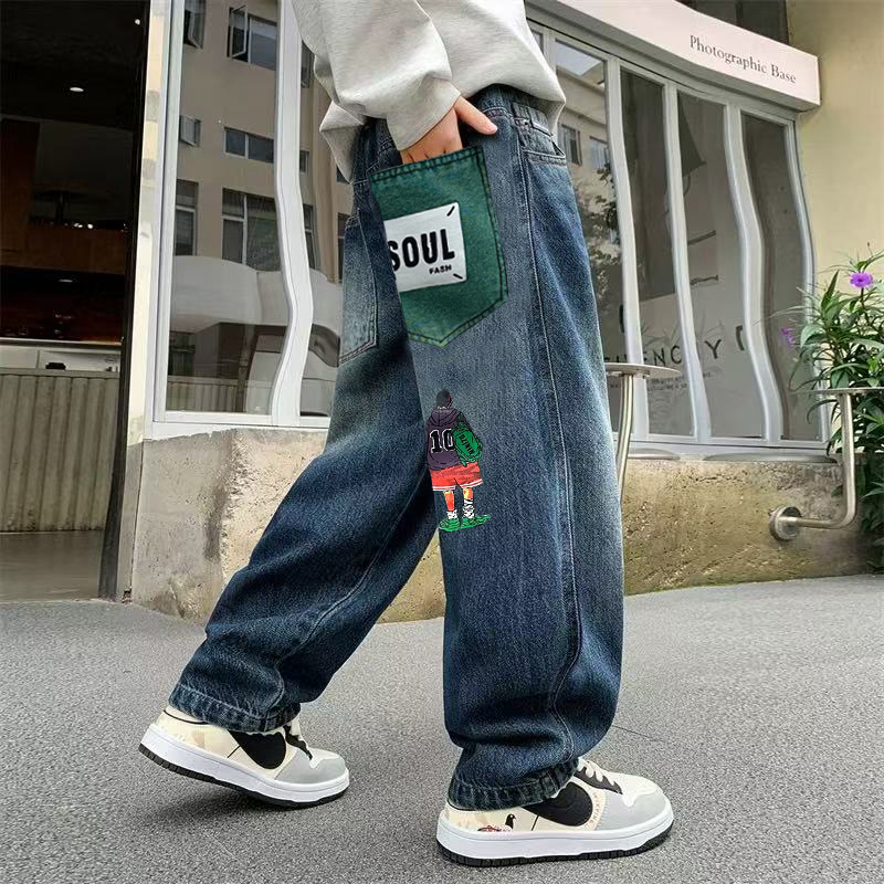 男童秋装裤子春秋款2025新款男孩直筒牛仔裤秋季中大童儿童长裤潮